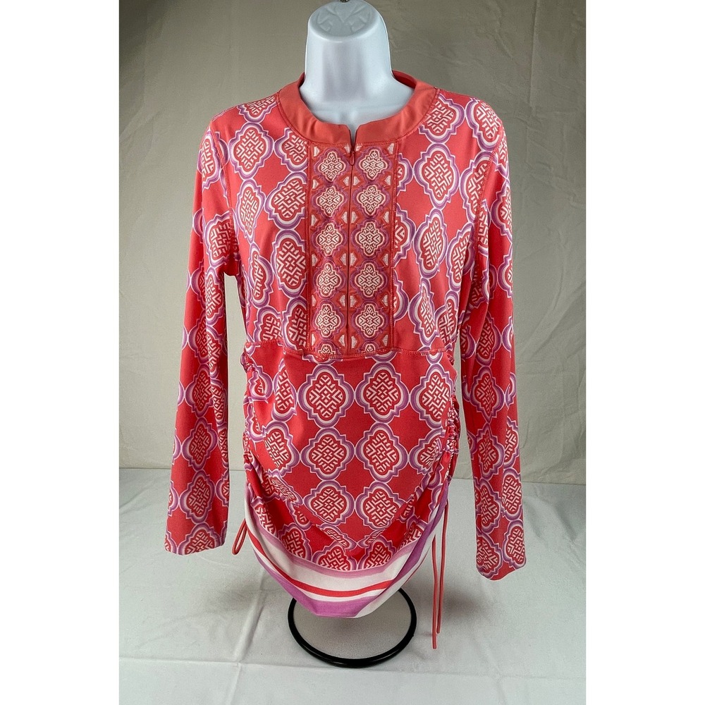 Cabana Life Womens Long Sleeve Rash Guard Coral Pink Geometric Zip Top 422-CG20